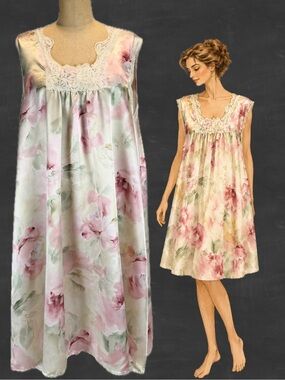 VINTAGE pastel floral silky nightgown slip dress midi lace plus size cottagecore